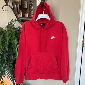 Nike Men's Club Fleece Hoodie Red Pullover Sweatshirt White Embroidered Swoosh